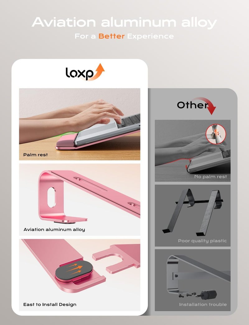 LOXP Laptop Stand for Desk, Laptop Stand with Wrist Support, Ergonomic Detachable Laptop Riser, Mount, Holder Notebook Computer Stand for MacBook Air Pro, HP, Dell, XPS, HP (10-17") Laptops - Pink - Image 2